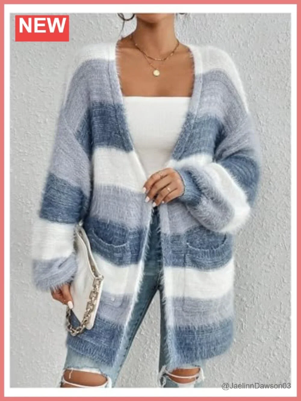 Colorblock Fuzzy Knit Cardigan Sweater Open Front Long Sleeve with Pockets